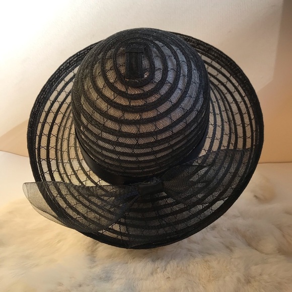 Vintage Black Net Straw Striped Rolled Brim Hat main image 4